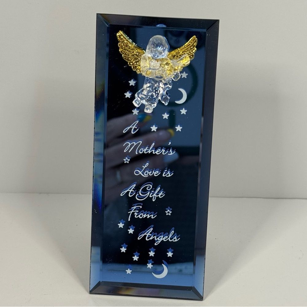 A mothers love glass Blue and Gold Angel Plaque